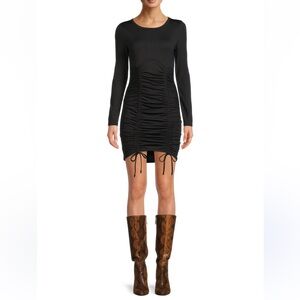 NBD Ruched Front Sheer Mesh Tie Hem Black Long Sleeve Dress, Large